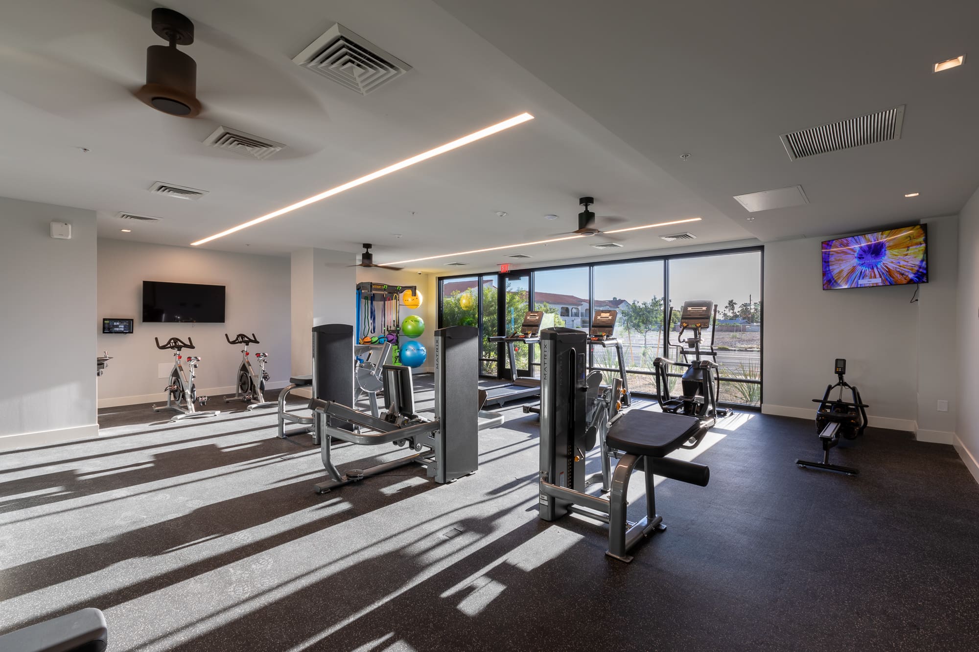 A modern, well-equipped gym with treadmills, weight machines, and stability balls, featuring large windows that offer a view of the outside.