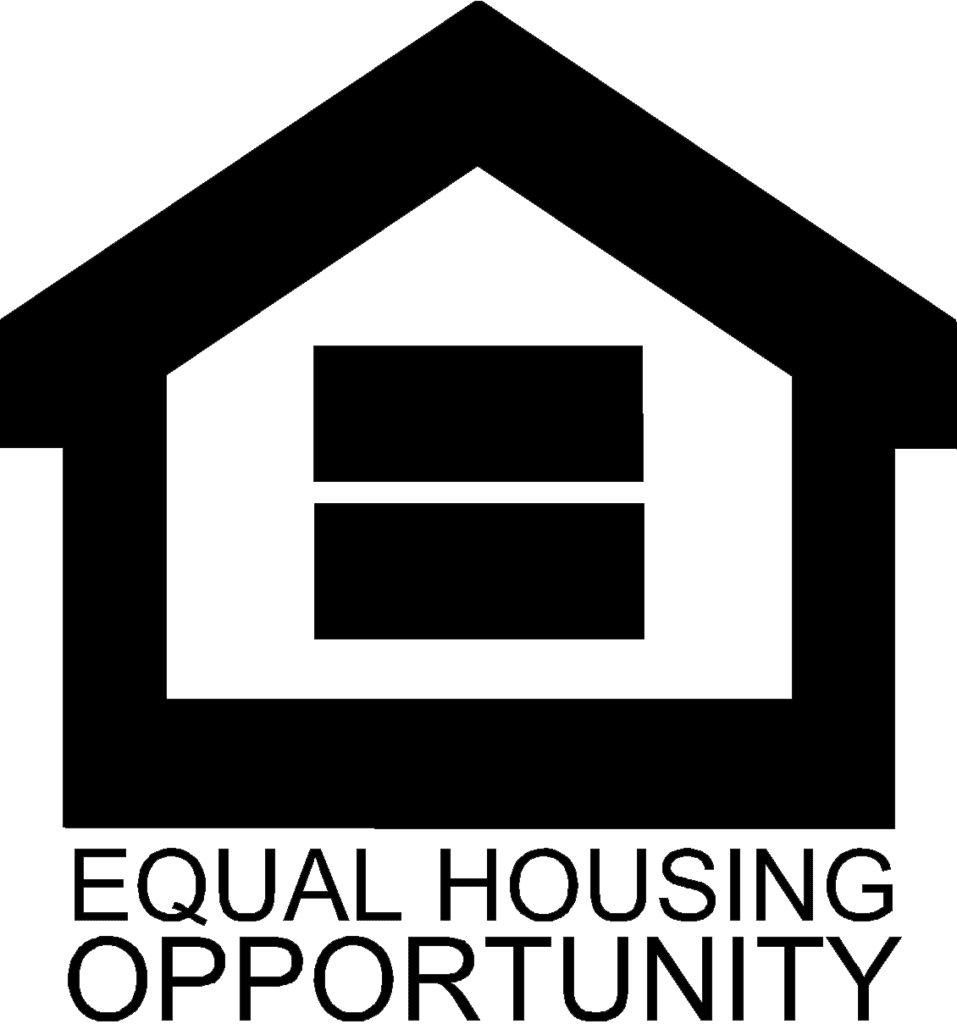A black equal housing opportunity logo depicting a simple house outline with the phrase below it, set against a transparent background.
