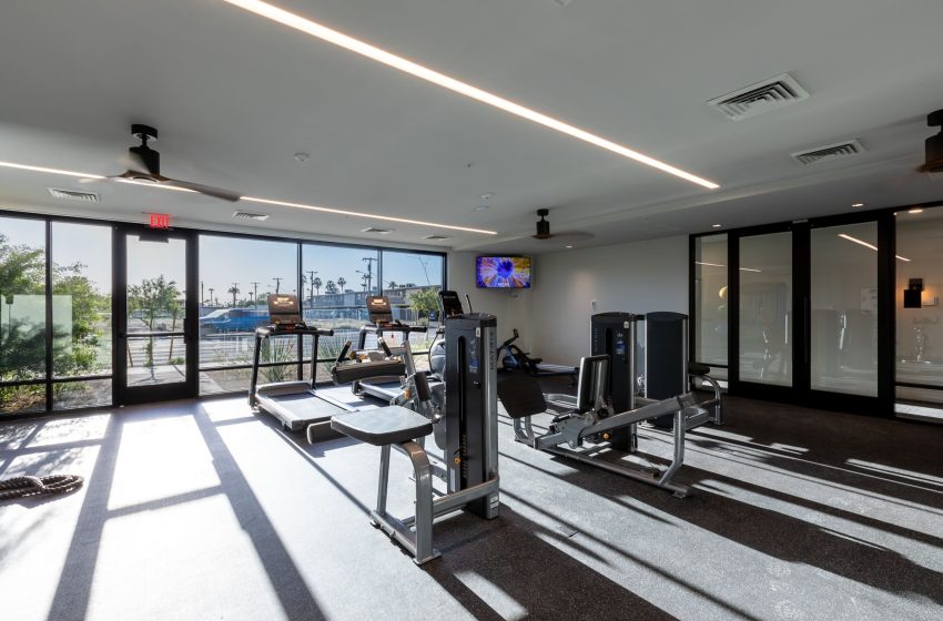 Modern gym with treadmills, weight machines, and tvs, overlooking a scenic view through large windows. bright and well-lit interior.